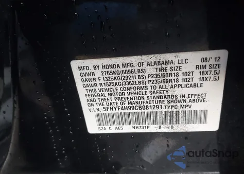 2012 Honda Pilot Touring from USA, damaged, VIN 5FNYF4H99CB081291